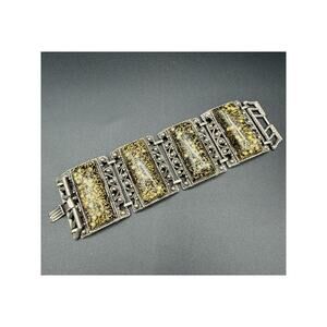 Vtg Selro Selini Silver Panel Bracelet W/Lucite Resin Gold Flake & Seed Pearls
